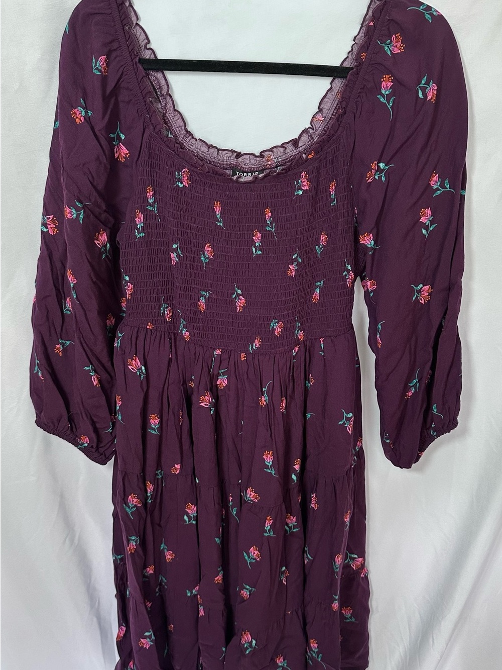 Torrid Plum Mini Wash Challis Puff Sleeve Smocked Bodice Dress Size 1